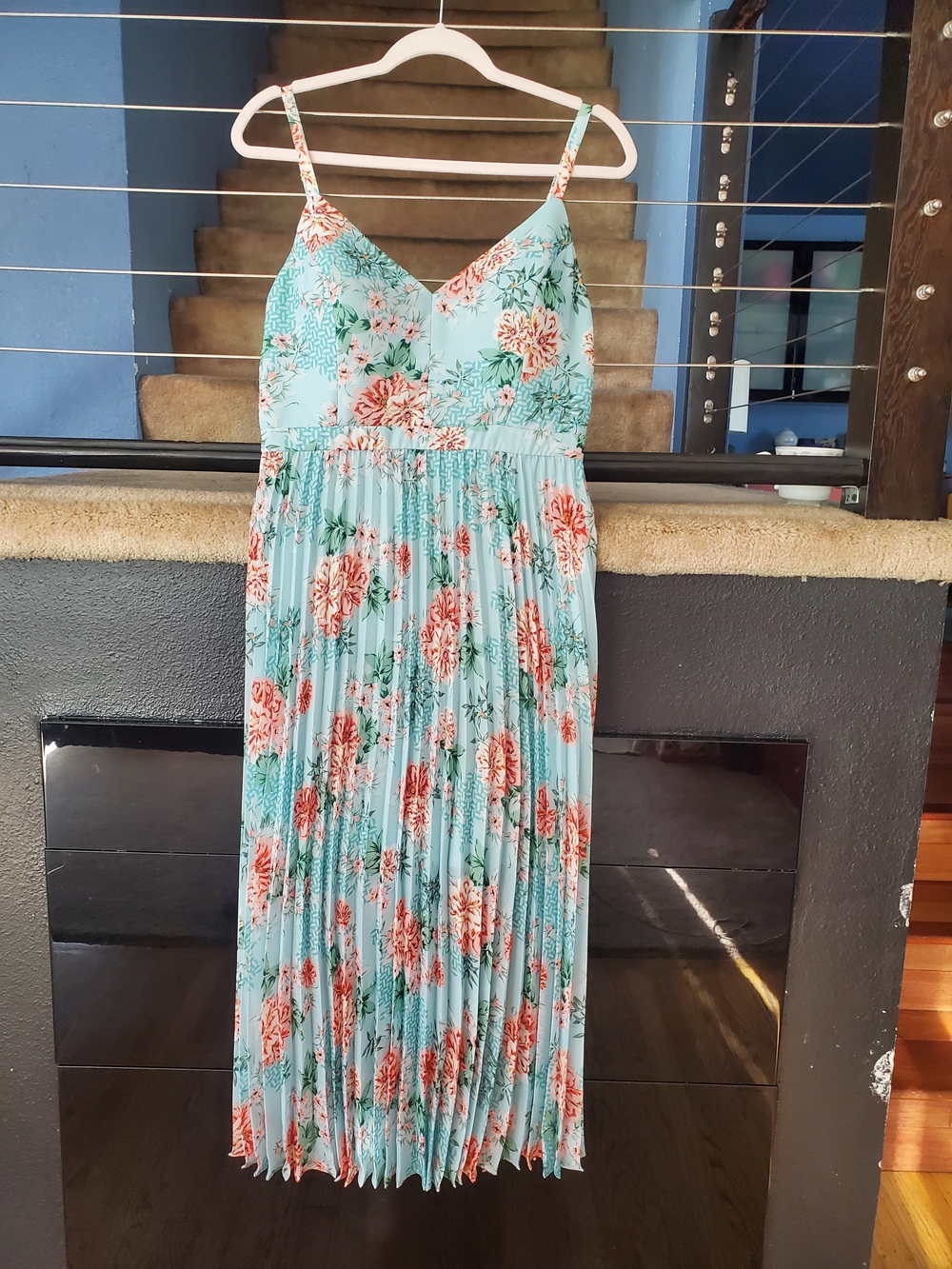 Guess Light Blue Floral Pleated Maxi Dress